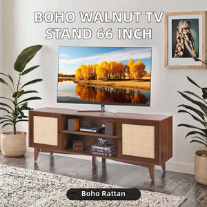 Moderno Mueble para TV de Ratán y Nogal Estilo Boho con Enchufe Integrado y Almacenamiento para Sala de Estar, Hotel y Apartamento, 65 Pulgadas o Más - Product Image 2