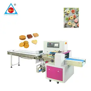 China Factory Automatische Durchfluss verpackung Seifen brot kuchen Keks Schokoriegel Nougat Kissen Typ Verpackungs maschine