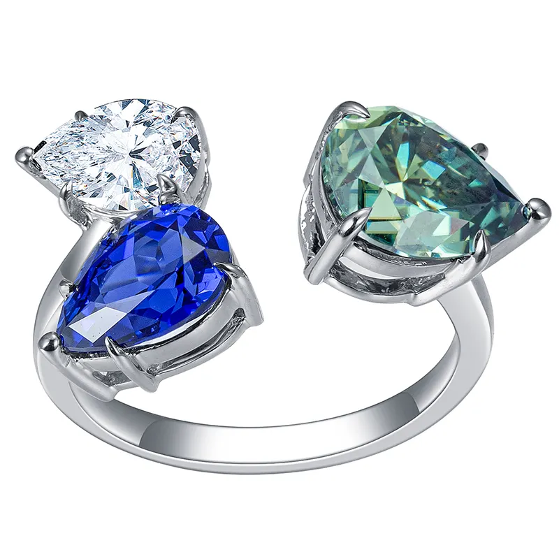 costume jewelry fashion 18K white Gold three color loyal blue sapphire white green Pear cut DEF Moissanite diamond ring