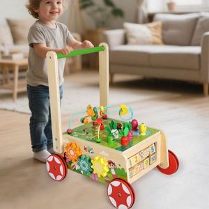 Cubo de Actividades de Madera 9 en 1 para Niños de 1 Año en Adelante, Carrito de Empuje con Bloques, Andador de Madera para Bebés con Laberinto de Cuentas - Product Image 1