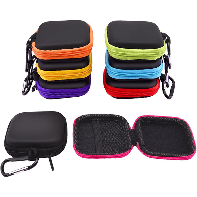 Custom Small MOQ RTS Mini Storage Carrying Earbud Pouch Square Earphone Headset Headphone Case Bag with Carabiners