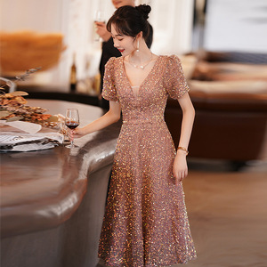 Elegant Sequined Evening Gown For Women V-Neck A-Line Mid-Length Champagne Color Hostess Dress Natural Waistline - Product Image 1