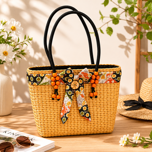 Bohemian <b>Straw</b> Tote <b>Bag</b> With Floral Embroidery And Beaded Decor 14x10in Summer Beach Handbag Open Closure Style - Product Image 6