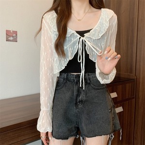 甘いフリルパッチワーク服女性用夏用薄いカーディガンデザインブラウスショートトップ - Product Image 6