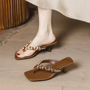 Elegantes Sandalias Marrones de Tacón con Decoración de Pedrería, Tacón Delgado, Punta Abierta, Estilo Slip-On, Zapatos de Verano para Mujer - Product Image 4