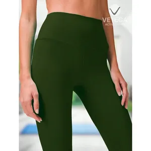 Leggings de Yoga Verde Militar de Cintura Alta para Mujer, Tejido de Punto de Color Sólido con Cintura Elástica, Largos, Ideales para Fitness - Product Image 3