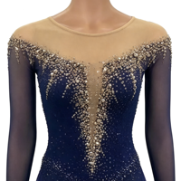 Robe de patinage artistique dégradé violet marine, manches longues en maille, col illusion, strass, jupe asymétrique pour adultes et enfants