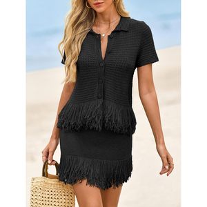 Fisoew Womens 2 Piece Crochet <b>Knit</b> <b>Set</b> Short Sleeve Button Top Fringe Skirt Casual Vacation Outfit Spring Summer - Product Image 4