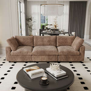 Set <span class=keywords><strong>Sofa</strong></span> ruang tamu bahan korduroi, Set <span class=keywords><strong>Sofa</strong></span> ruang tamu, kain korduroi mewah motif garis tebal 3 dudukan Modular warna coklat Retro Amerika Modern - Product Image 4
