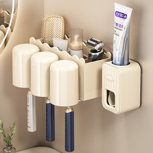 Soporte para cepillos de dientes montado en la pared, triple compartimento, sin taladro, organizador de baño que ahorra espacio para pasta de dientes y vaso para enjuague bucal - Product Image 2