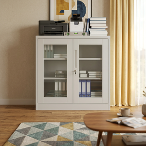 Modern <b>Lockable</b> Office Filing <b>Cabinet</b> with Glass Doors for Commercial Use Minimalist Design White Color - Product Image 1