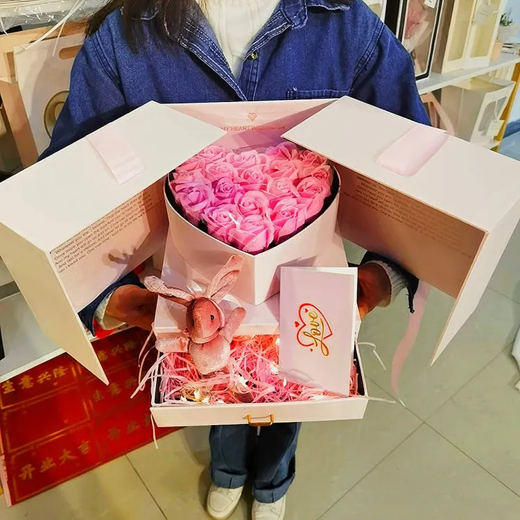 luxury two layer rose flower heart christmas gifts packaging box custom i love you flower boxes with drawers