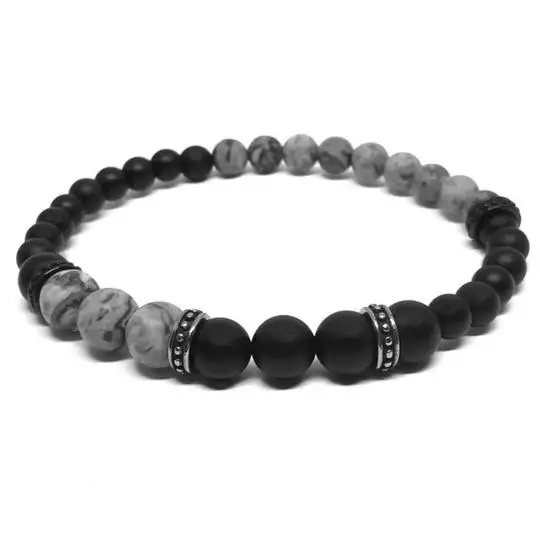 Fashion Design Stainless Steel Accessory 8mm Matte onyx and Jasper Picasso Bead Men Bracelet