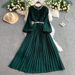Robes d'été <span class=keywords><strong>élégante</strong></span>s pour femmes manches lanterne mode tempérament taille jupe longue plissée rétro grande balançoire robe à col rond - Product Image 6