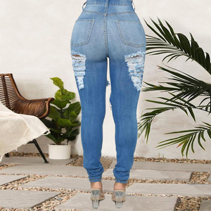 Estilo de moda para mujer, mallas de longitud completa lavadas, pantalones vaqueros rasgados, pantalones vaqueros ajustados rasgados azul claro para mujer - Product Image 3