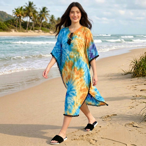 Elegante Vestido Kaftán de Rayón Estampado hasta la Rodilla para Mujer, Corte en A, Ecológico, con Patrón Geométrico, Holgado, para Playa o Resort - Product Image 1