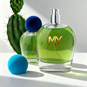 Botella de Perfume de Vidrio de Lujo al por Mayor, 50ml 100ml, Base Gruesa Redonda Plana, <span class=keywords><strong>con</strong></span> Tapón de Flocado Colorido, para Envasado de Aromaterapia - Product Image 1