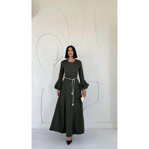 Robe trapèze kaki en tissu tissé, sans col, à manches ballon et ceinture, taille naturelle, style simple et décontracté, pour usage quotidien, vente en gros - Product Image 2