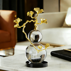 Ginkgo Leaf <b>Crystal</b> Glass Gourd Ornament Laser Engraved Deer Gold Branch Living Room Decor Housewarming Gift - Product Image 5