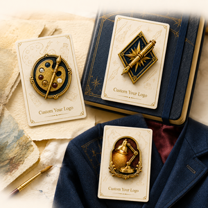 Badges métalliques personnalisés pour studio créatif, plaqués or, avec relief 3D, motifs palette d'art, stylo-plume, lampe de bureau, épingles, et éléments en métal plaqué or antique - Product Image 2