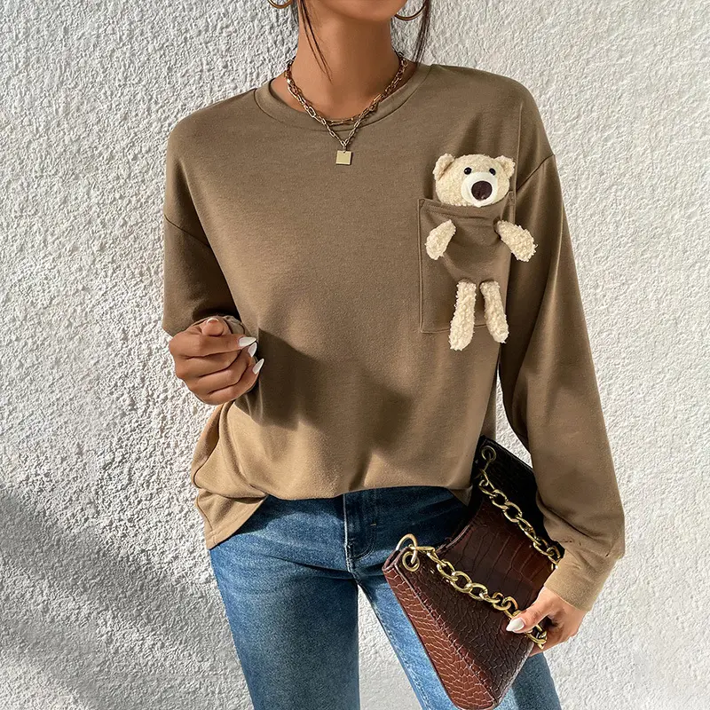 2023 New Trend Fashion High Quality O-Neck Cute Doll Toys Teddy Bear Long Sleeve T Shirts Lady Women Manches Longues Camisetas
