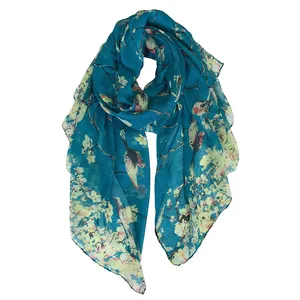 Women Lightweight Floral Birds Colorful Printed Cotton Wraps Shawl and Holiday Scarves
