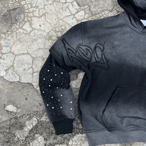 Custom Distress Applique Patch Rhinestone Pullover Acid Washed Vintage Sun Faded Layered Sleeve Hoodie for Men - Product Image 3