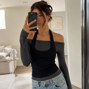 Conjunto de Dos Piezas con Top Halter de Manga Larga y Hombros Descubiertos, Estilo Colorblock, Cintura Ajustada, Estilo Europeo Americano, Sexy, Elegante y Versátil - Product Image 1