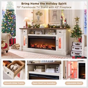 Mueble de TV SENYU de madera blanca con chimenea eléctrica y gabinete de almacenamiento para sala de estar, apto para televisores de 65 pulgadas o más. - Product Image 2
