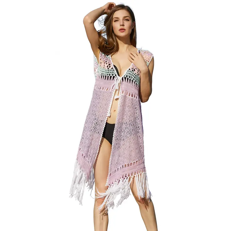 Roupa de praia de algodão popular transparente, casaco kimono feminino bordado de crochê, cardigan com franja, saia de praia