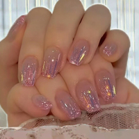 Kuku Palsu Persegi Aurora Meteor Glitter Pink Ungu 24pcs Pendek Model Ballet Flash Dapat Dilepas Full Cover Press on