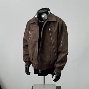 Blouson Bomber <span class=keywords><strong>Homme</strong></span> en Cuir Marron Coupe Ample Tendance Automne avec Col Revers et Fermeture Éclair Style Motard Vintage Américain - Product Image 1