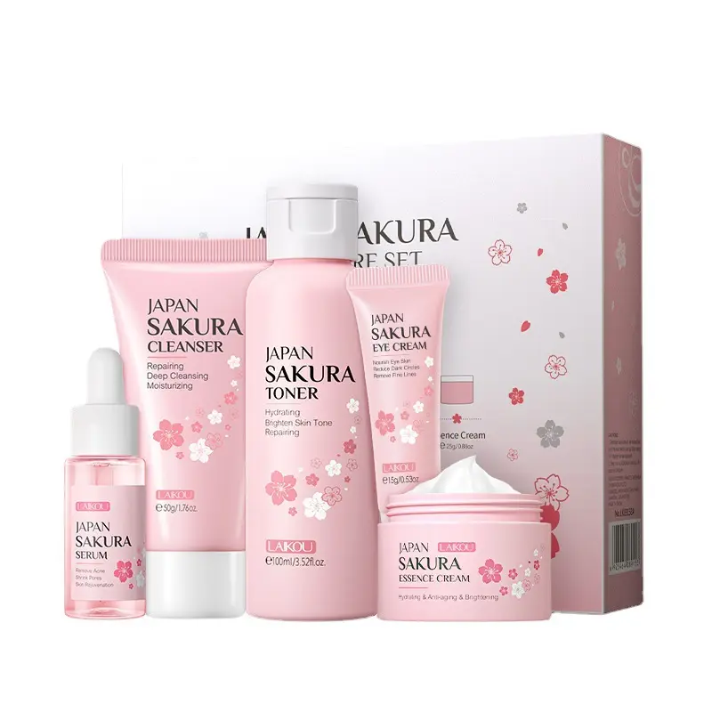 Juego de cuidado de la piel de alta calidad Personalización Blanqueamiento facial orgánico y Antienvejecimiento Sakura Juego de regalo para el cuidado de la piel
