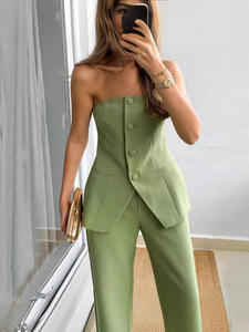 2025 européen américain femmes décontracté mode taille haute pantalon costume haut sans bretelles élégant bouton solide motif été <span class=keywords><strong>Collection</strong></span> - Product Image 4