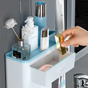 Soporte magnético para cepillo de dientes Tiktok con exprimidor de pasta de dientes con tazas para 2/3 personas en el baño, estante de almacenamiento, montaje sin clavos