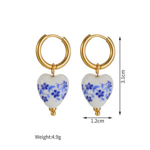 Pendientes de Perlas de Porcelana Azul y Blanca Pintados a Mano Estilo Vintage para Mujer, Aros de Acero Inoxidable con Baño de Oro Real, Clip <span class=keywords><strong>sin</strong></span> Perforación - Product Image 4