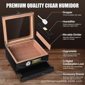 Wooden Cigar Box <b>Set</b> <b>Square</b> Humidor With Thermometer Moisture Proof Storage Case For Cigars - Product Image 2