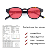 Gafas de Dormir Unisex con Lentes Rojas, Montura de Acetato de Cristal, Redondas, Vintage, con Bloqueo de Luz Azul, Anti-Insonesmia, para Hombres y Mujeres