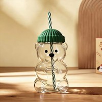 Gobelet en verre Little Bear avec couvercle et paille, résistant aux hautes températures, réutilisable, simple paroi, motif dessin animé mignon, pour thé au lait, jus de fruits