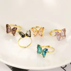 Butterfly Open Adjustable Rings Colorful Glass Wholesale Festival Gift Stainless Steel Green White Purple Pink Yellow 18K Gold