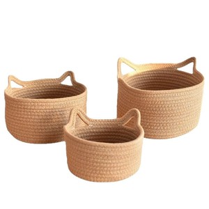 Handmade Woven Cat Ear Storage <b>Basket</b> Round 1-3L Desktop Organizer For Toys And Cosmetics - Product Image 5