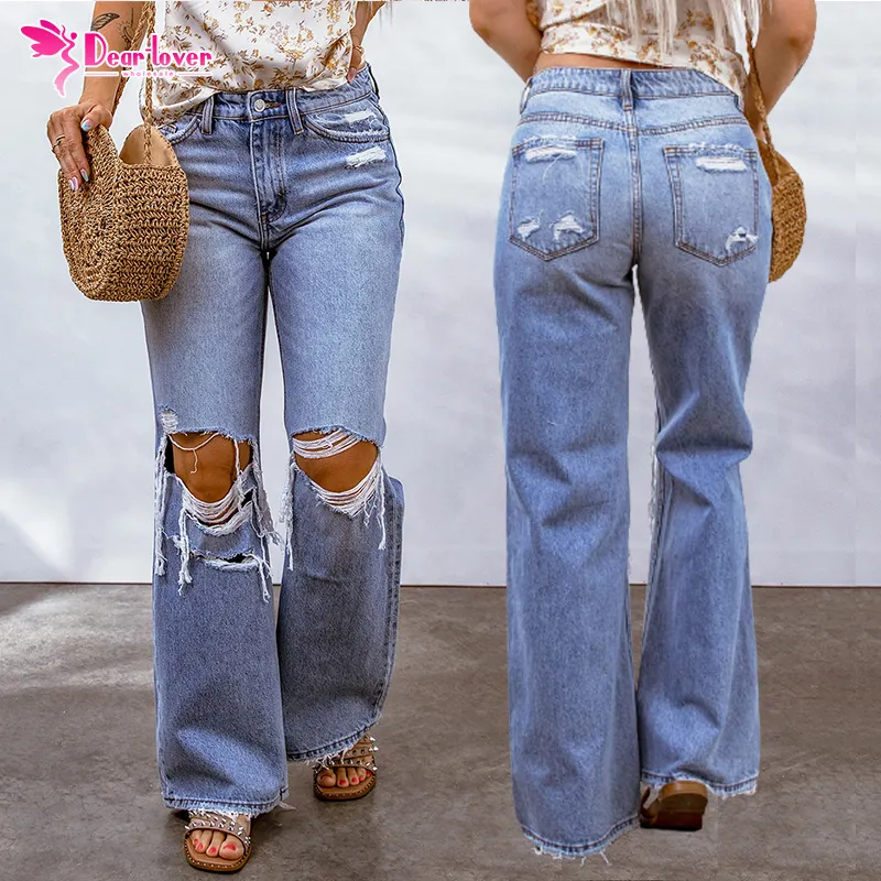 Wholesale 2023 Destroyed Open Knee Wide Leg Pants High Waist Ripped Denim Jeans For Women