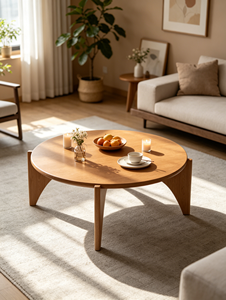 Mesa de Centro de Madera Maciza Redonda con Patas Curvas Triangulares, Estilo Japonés Minimalista para Sala de Estar - Product Image 2