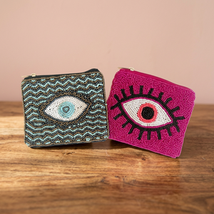 Porte-monnaie artisanal en coton perlé Jaunty, motif œil brodé, pochette zippée, forme personnalisée, sac cadeau tendance, usage quotidien, assortiment varié - Product Image 3