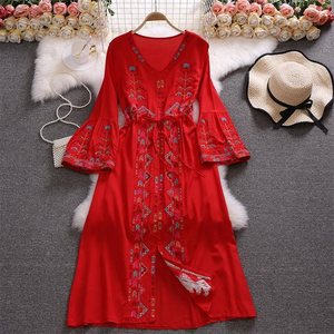 Primavera otoño Indie Folk pesado flor bordado Vestido mujer cuello en V manga acampanada Vestido cintura alta cordón vestidos largos - Product Image 5
