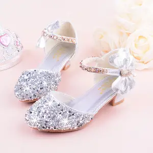 Zapatos clásicos de cuero Pu con lentejuelas y lazo para niñas, zapatos de tacón alto para fiesta, baile, boda, princesa