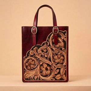 Genuine Leather Carved <b>Tote</b> <b>Bag</b> <b>Vintage</b> Floral Women Handbag Single Handle Shoulder Carryall for Daily Use - Product Image 1