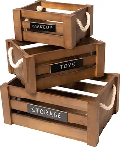 एक सेट के 3 देहाती शैली रस्सी संभालती के साथ सजावट के लिए लकड़ी के बक्से भंडारण सजावटी लकड़ी के लिए नेस्टेड लकड़ी के बक्से बक्से