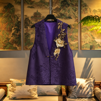 Gilet sans manches pour femmes en satin de soie lavé au sable de qualité supérieure, style oriental Xiangyunsha, brodé à la main