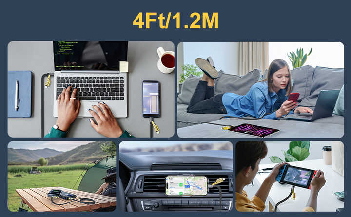 Factory 4 1 Multi-Function USB Charging Data Cable 66W USB 3A Fast Charging Type-C Nylon Braided for Camera Computer Earphone